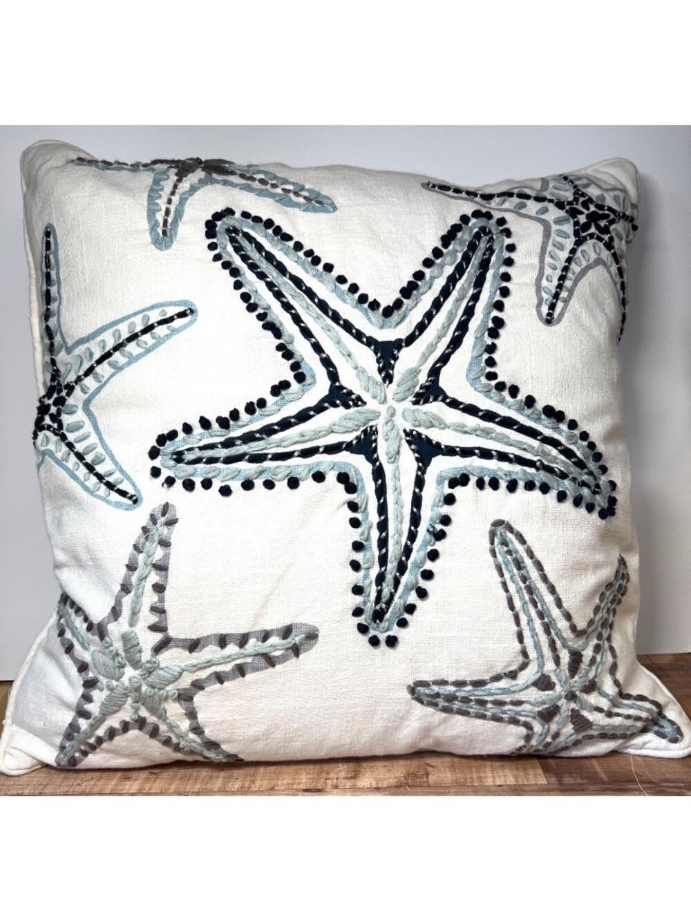 Starfish Embroidered Throw Pillow 19" x 19" Coastal Decor White & Blue